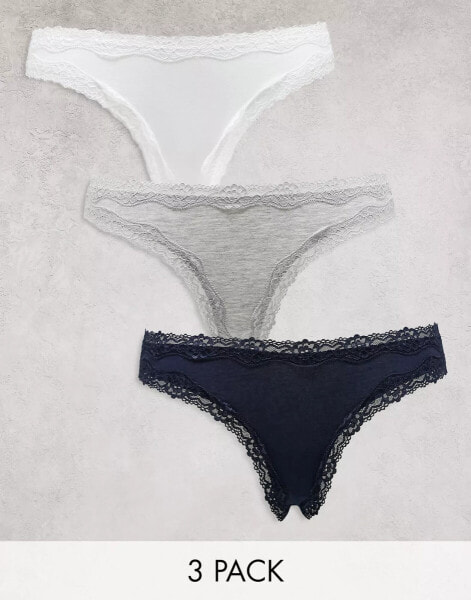 ASOS DESIGN 3 pack cotton & lace brazilian brief in grey, white & navy