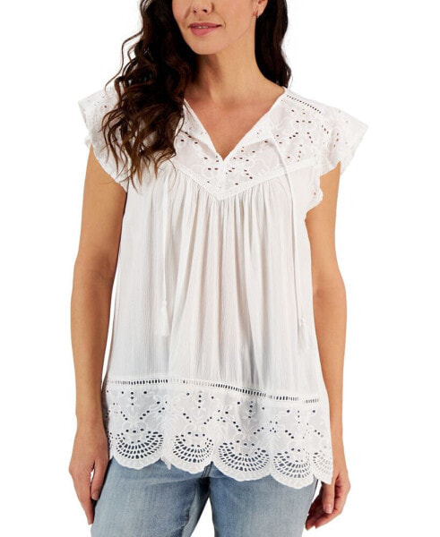 Petite Lace-Trim Mixed Media Top, Created for Macy's