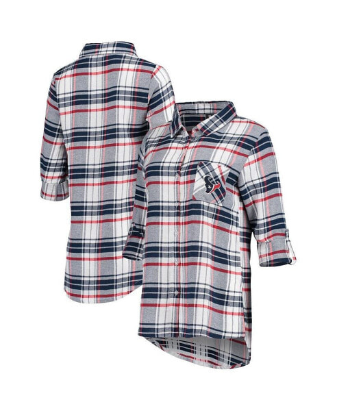 Women's Navy, Red Houston Texans Accolade Flannel Long Sleeve Button-Up Nightshirt
