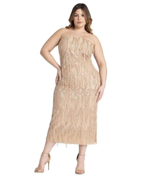 Plus Size Strapless Fringe Sequin Maxi Dress - 22, Oatmeal