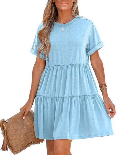 Women's Blue Round Neck Short Sleeve Drop Shoulder Mini Beach Dress