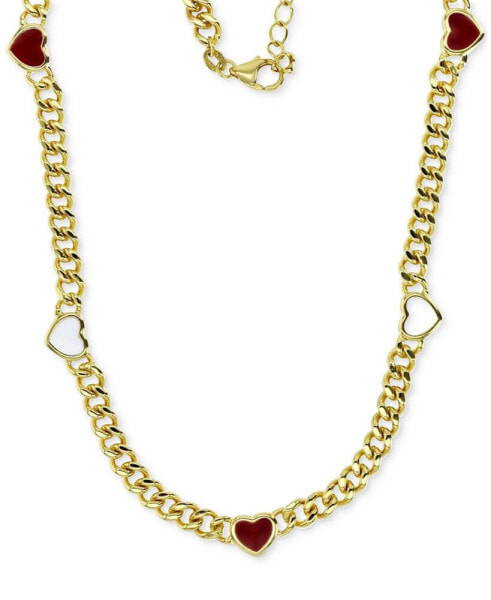 Macy's red & White Enamel Heart Curb Link 18" Collar Necklace in 14k Gold-Plated Sterling Silver