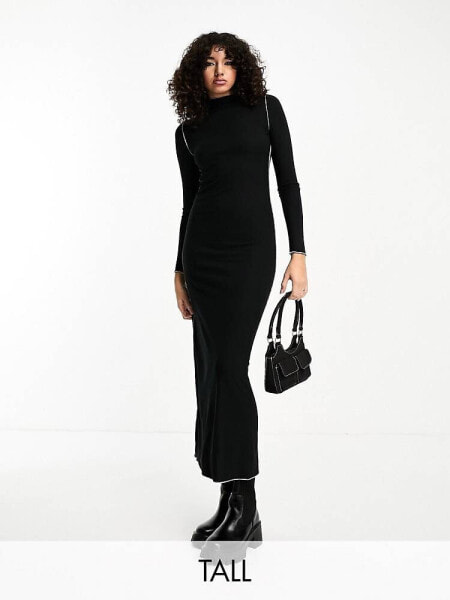 Vero Moda Tall lettuce edge jersey maxi dress with long sleeves in black