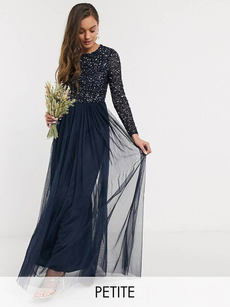 Maya Petite Bridesmaid long sleeve maxi tulle dress with tonal delicate sequin in navy