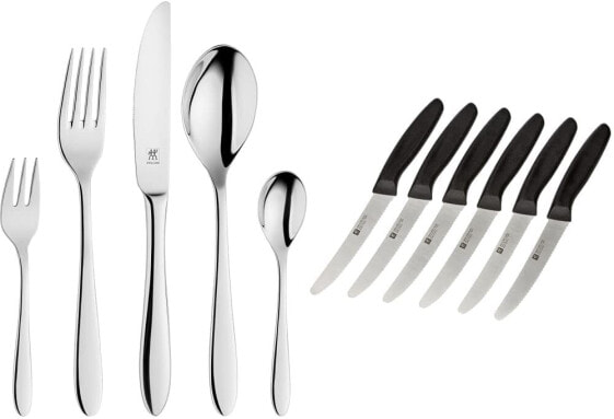 ZWILLING 1000772 Cutlery Set, 60 Pieces, for 12 People & 1002672 Knife Set, 6 Pieces, Kitchen Knife, Blade Length: 12 cm, Stainless Special Steel/Plastic Handle, Twin Grip, Black