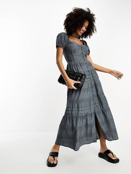 ASOS DESIGN broderie button through tiered maxi tea dress in slate grey 