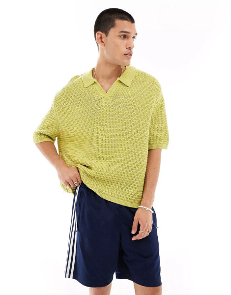 Reclaimed Vintage boxy cropped crochet polo in green