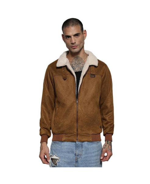 Куртка с молнией Campus Sutra для мужчин коричневая с деталями из флиса