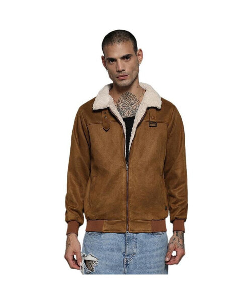 Men's Brown Zip-Front Jacket With Fleece Detail