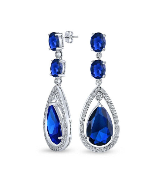 Art Deco Style Wedding Simulated Blue Sapphire AAA Cubic Zirconia Halo Large Teardrop CZ Statement Dangle Chandelier Earrings Pageant Bridal Party