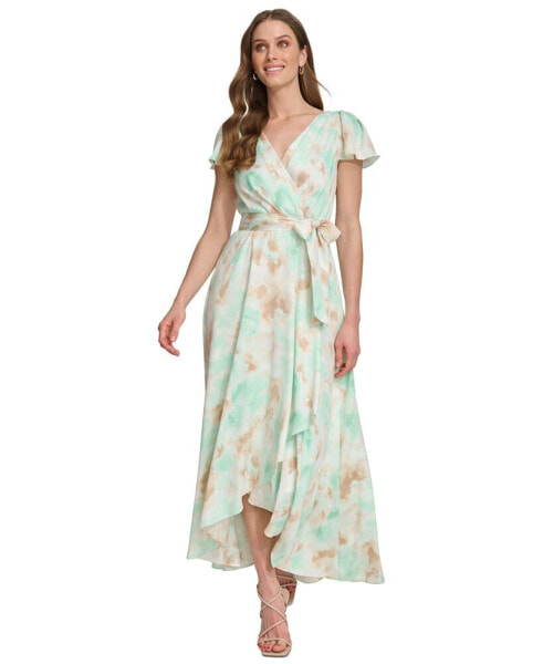 Women's Printed Faux-Wrap Gown