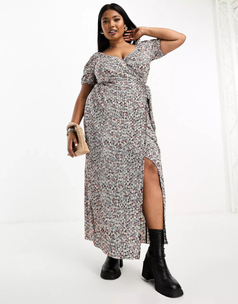 ASOS DESIGN Curve short sleeve plisse wrap midi dress with side tie in black ditsy floral