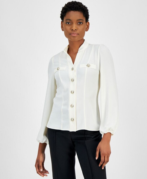 Petite High-Neck Blouson-Sleeve Blouse