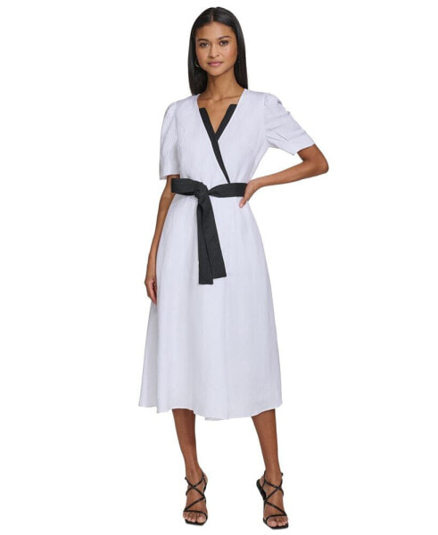 Women's Linen-Blend Puff-Sleeve Midi Dress