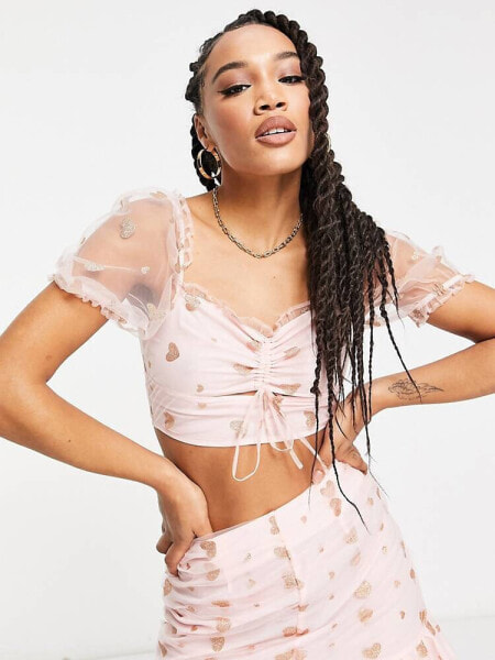 Collective the Label exclusive puff sleeve organza top co-ord in blush glitter heart