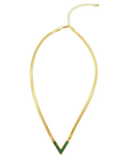 14K Gold-Tone Plated Herringbone Chain with Green Stone Necklace