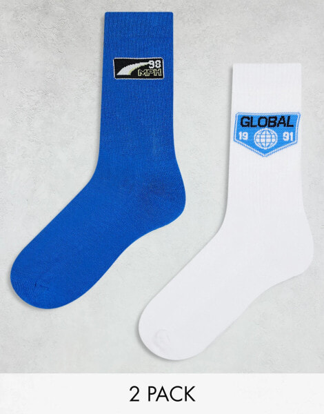 ASOS DESIGN 2 pack motorsport embroidery sock in blue and white