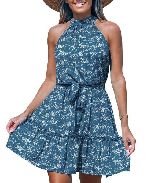 Women's Blue Ditsy Halterneck Waist Tie Mini Beach Dress