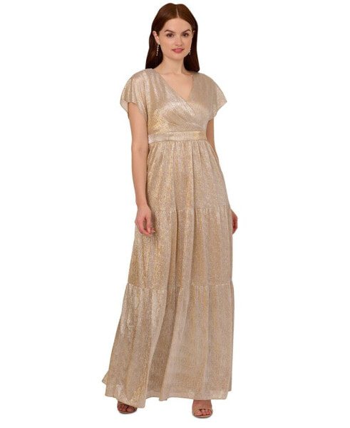 Women's Metallic Flutter-Sleeve Gown