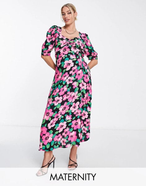 Nobody's Child Maternity Rosie puff sleeve midi tea dress in pink bloom