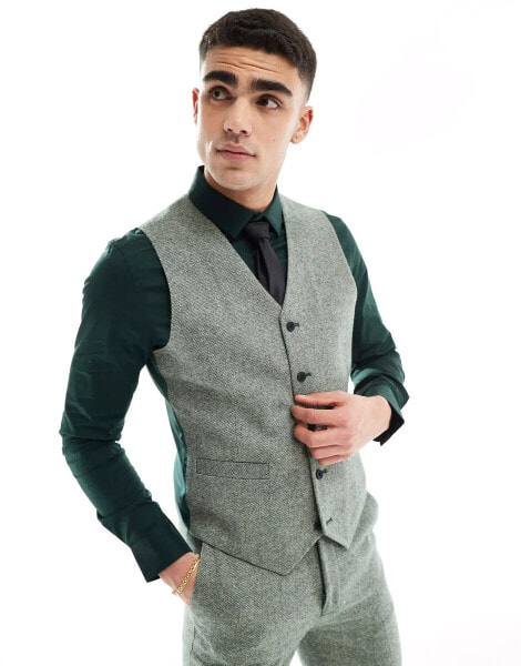 ASOS DESIGN slim fit wool mix suit waistcoat in bottle green tweed