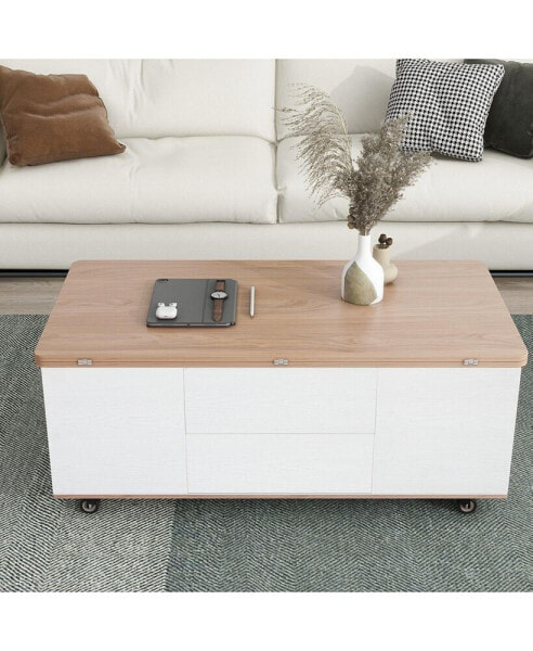 Modern Walnut & Lift Top Coffee Table Multifunctional Table With Drawers & Shelves