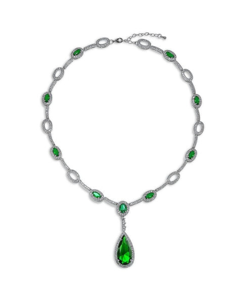Green Simulated Emerald Halo AAA CZ Pear Shaped Large Teardrop Y Fashion Statement Necklace For Women Prom Rhodium Plated Brass