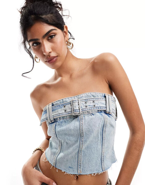 Pull&Bear belt detail denim corset top co-ord in mid blue