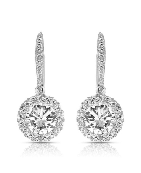 Sterling Silver with White Gold Plated Clear Round Cubic Zirconia Haloed Solitaire Drop Earrings