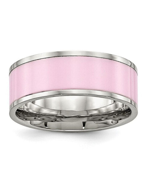 Stainless Steel Polished Pink Ceramic 7.5mm Band Ring