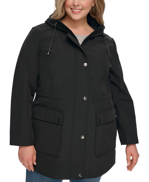 Women's Plus Size Drawstring-Hood Snap-Front Anorak Raincoat