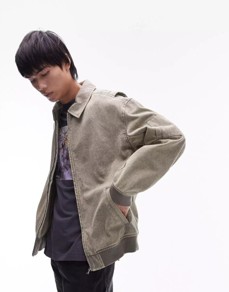 Topman relaxed fit washed denim bomber jacket in khaki