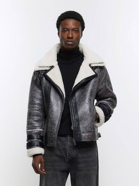 River Island crackle faux shearling aviator jacket in grey