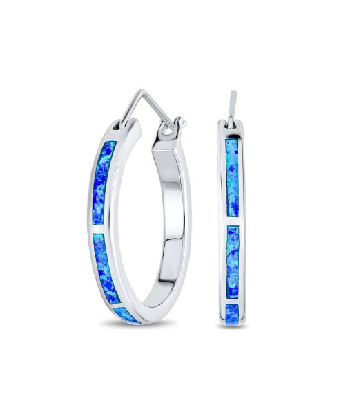 Created Blue Opal Inlay Thin Flat Tube Large Hoop Earrings For Women Sterling Silver 1 Inch