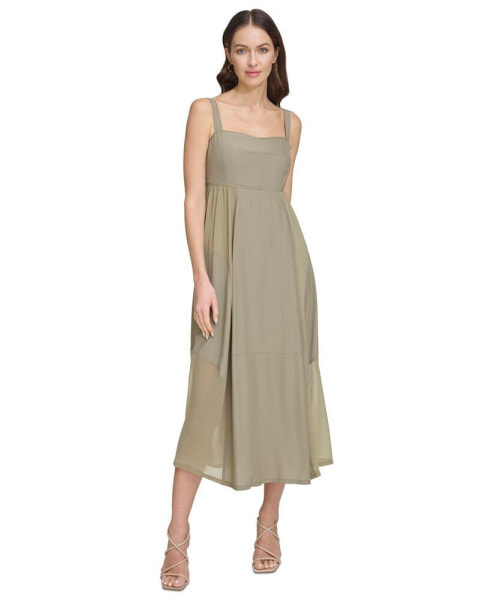 Women's Solid Square-Neck Sleeveless Chiffon Dress