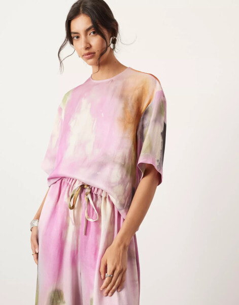 ASOS EDITION satin short sleeve top co-ord in bold watercolour print