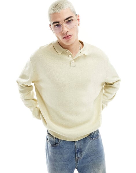 ASOS DESIGN oversized compact knitted polo jumper in oatmeal