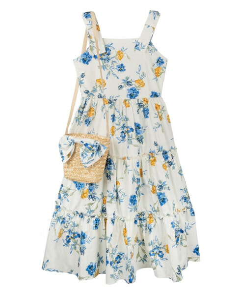 Big Girls Floral Maxi Dress with Straw Bag, 2 PC