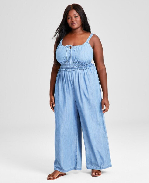 Trendy Plus Size Chambray Wide-Leg Jumpsuit, Created for Macy's