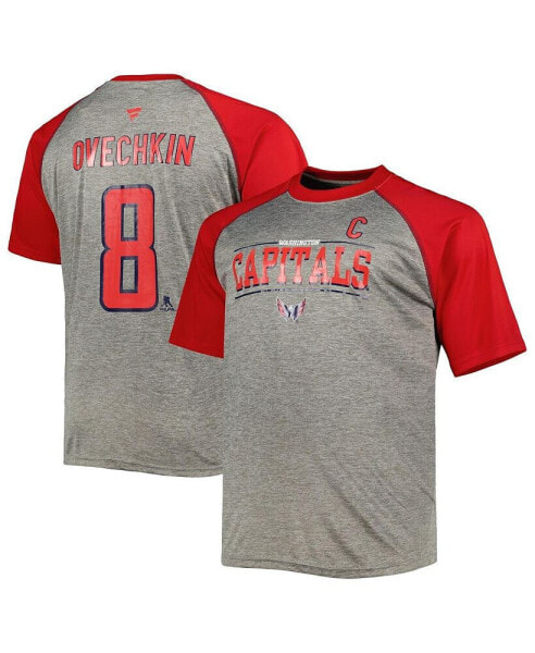 Men's Alexander Ovechkin Heather Gray, Red Washington Capitals Big and Tall Captain Patch Contrast Raglan Name and Number T-shirt