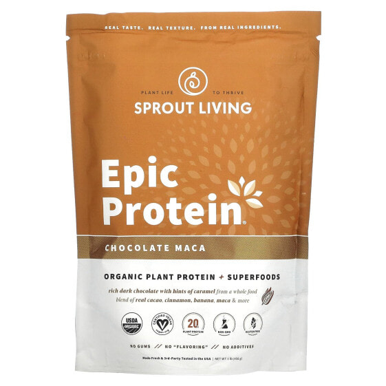 Sprout Living, Epic Protein, органический растительный протеин и суперпродукты, шоколад и мака, 455 г (1 фунт)