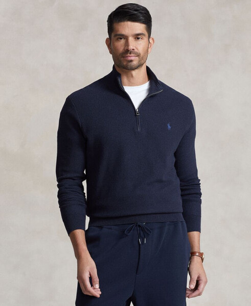 Men's Big & Tall Mesh-Knit Cotton Quarter-Zip Sweater