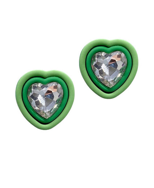 Green Edged Crystal Heart Centre Stud Earrings