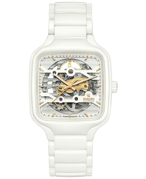 Unisex Swiss Automatic True Square Skeleton White High-Tech Ceramic Bracelet Watch 38mm