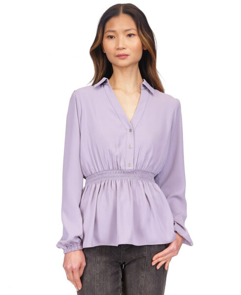 MICHAEL Women's Split-Neck Smocked-Waist Top