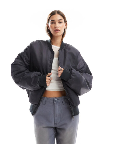 Lioness oversized puffer zip through bomber jacket in charcoal