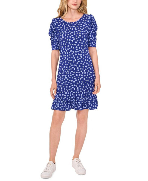 Women's Printed Round-Neck Puff-Sleeve Knit Dress