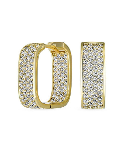 Bridal Micro Pave CZ Inside Out Wide Rectangle Square Huggie Hoop Earrings For Women Wedding Prom Formal Party Yellow Gold Plated Hinge Style