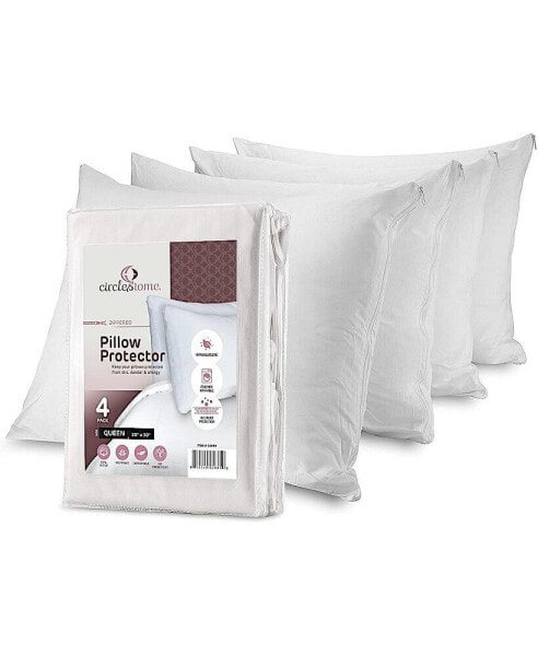 Circles Home 100% Cotton Pillow Protector with Zipper – White (4 Pack)