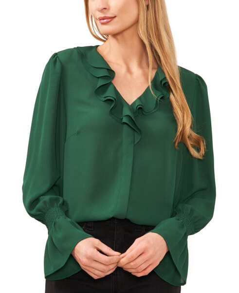 Women's Long Sleeve Ruffled V-Neck Blouse